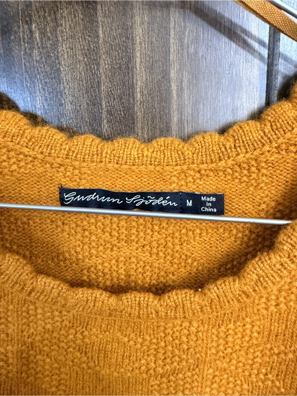 Textured Crewneck Sweater w/ Scalloped Neckline-Mustard Yellow-Size: Medium - Picture 3 of 5